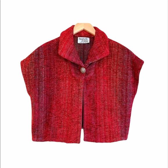 Elizabeth Jenkins cap sleeve red chenille blazer handwoven art to wear cropped M
